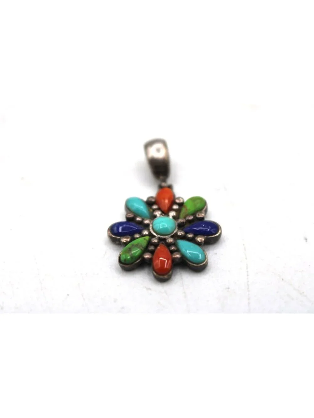 Vtg 925 Sterling Silver Multicolor Gemstone Flower Pendant Turquoise Lapis More